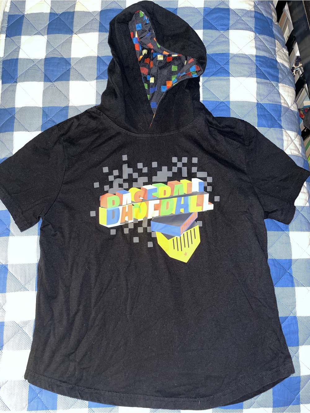 Kids Black Hooded Graphic Baseball T-Shirt